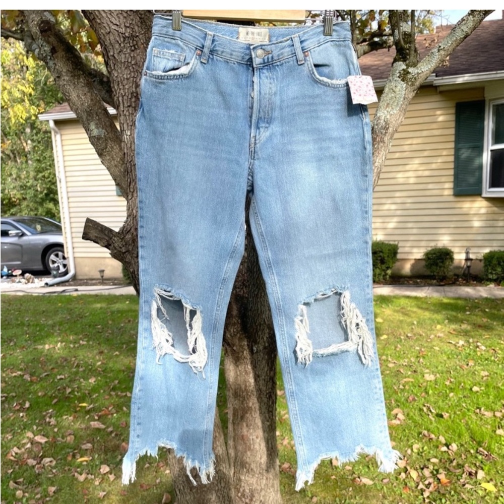 free people Maggie Mid Rise Light Stone Wash Distressed Buttonfly Jeans